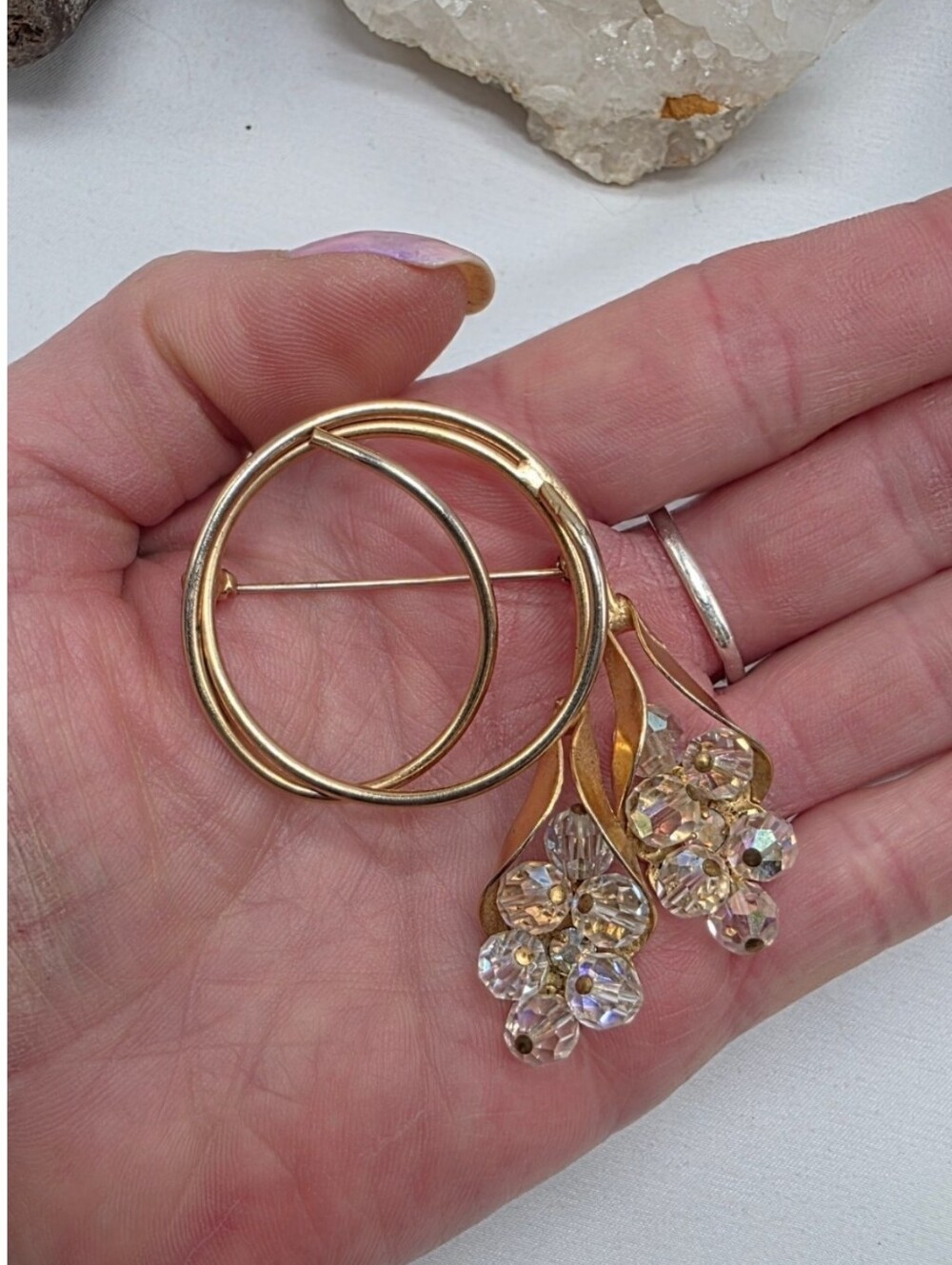Vintage Aurora Borealis Crystal Bead Circle Brooch 1950s 1960s